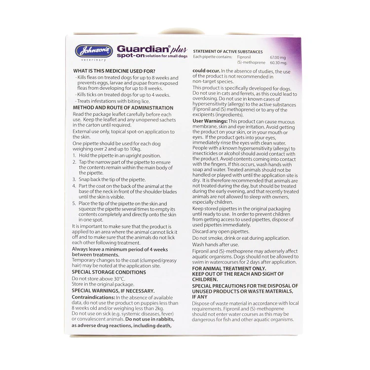 Johnson's Guardian Plus Spot On for Small Dogs 2kg – 10kg 1 TREATMENT - Image 2