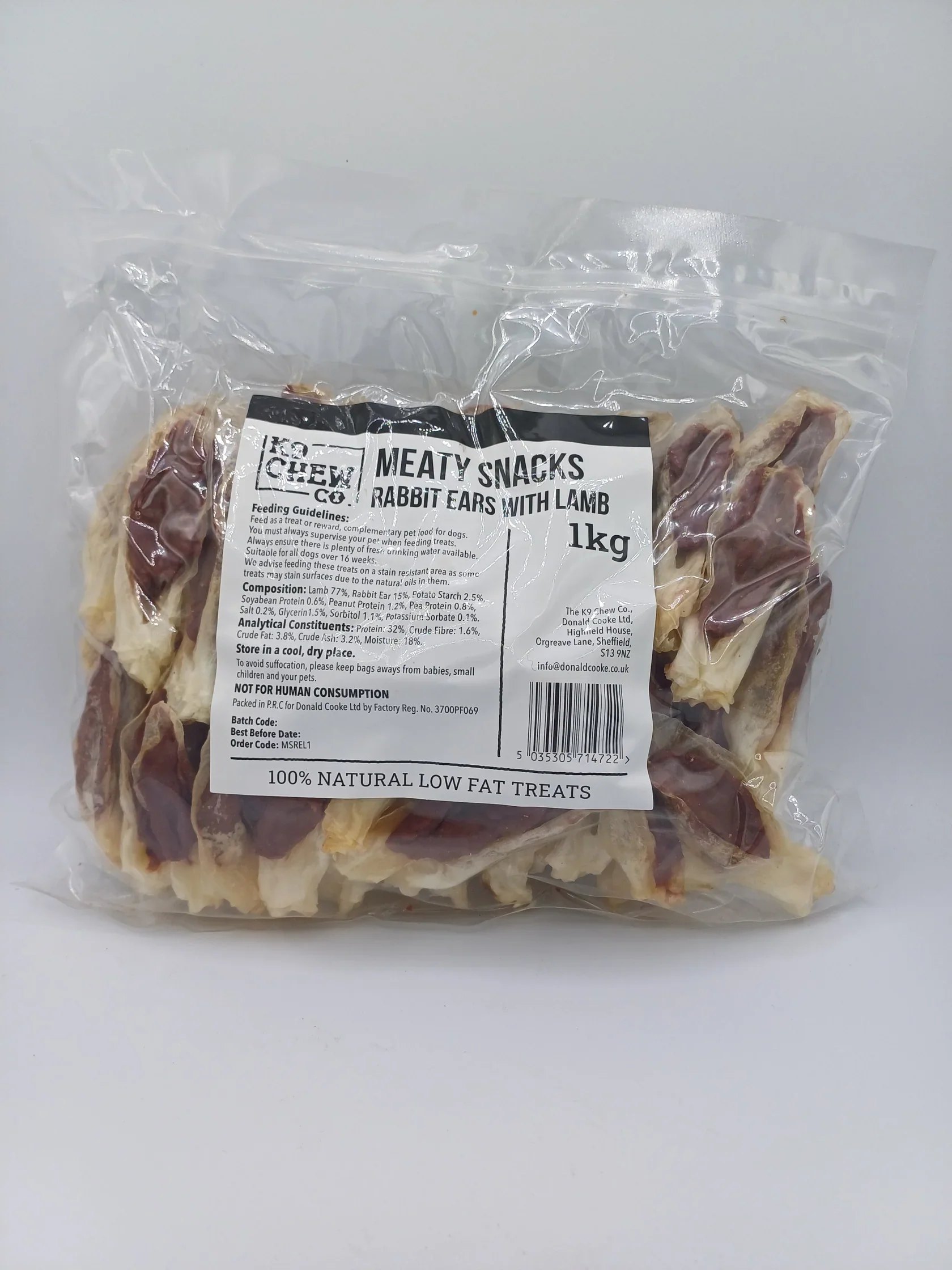 K9 Chew Co. Meaty Snacks Rabbit Ears with Lamb 1kg