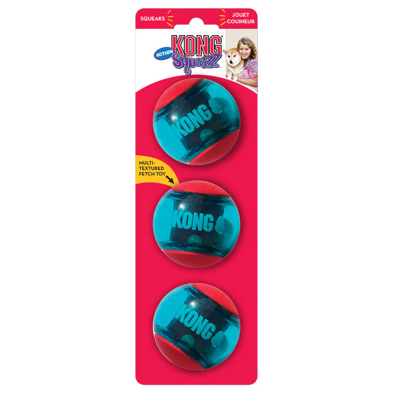 KONG Squeezz Action Squeaky Fetch Dog Toy - Medium Red 3-Pack